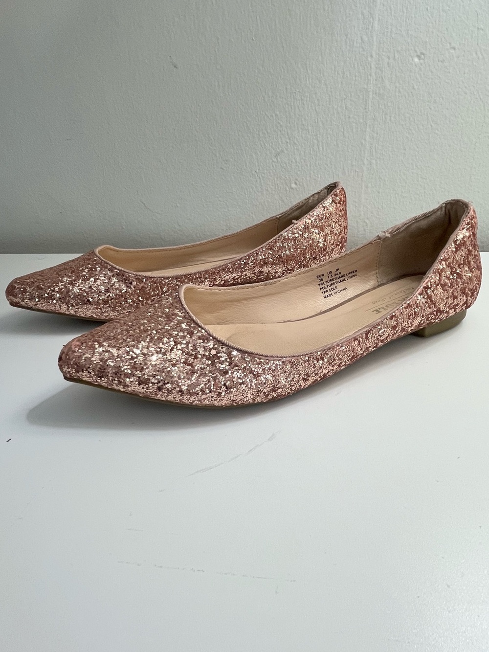 Fever Sole Rose Gold Glitter Pointed Toe Ballet Flats Size 7.5
